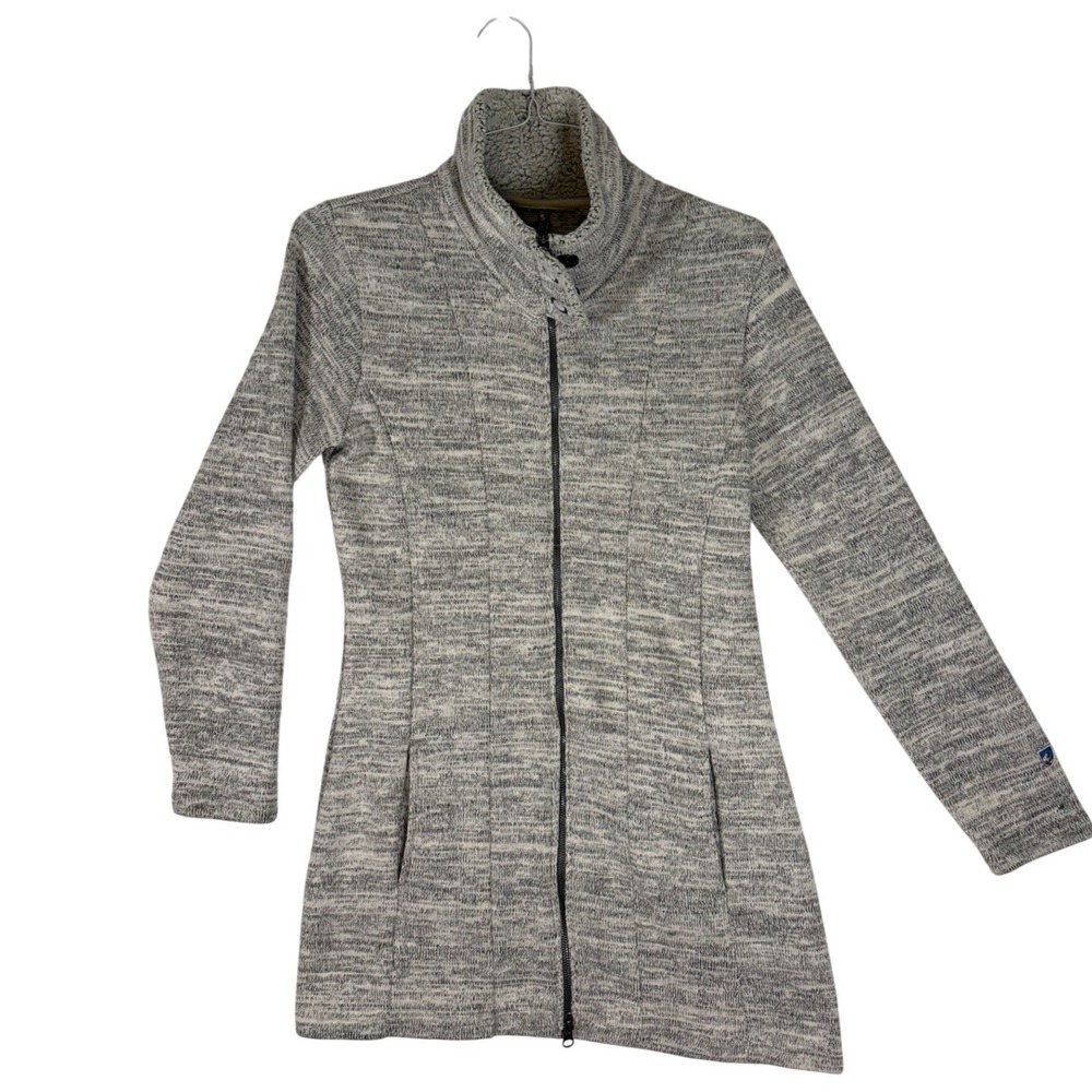 Kuhl Alska Long Full Zip Jacket Gray Heathered Knit Shearling Collar Womens Med